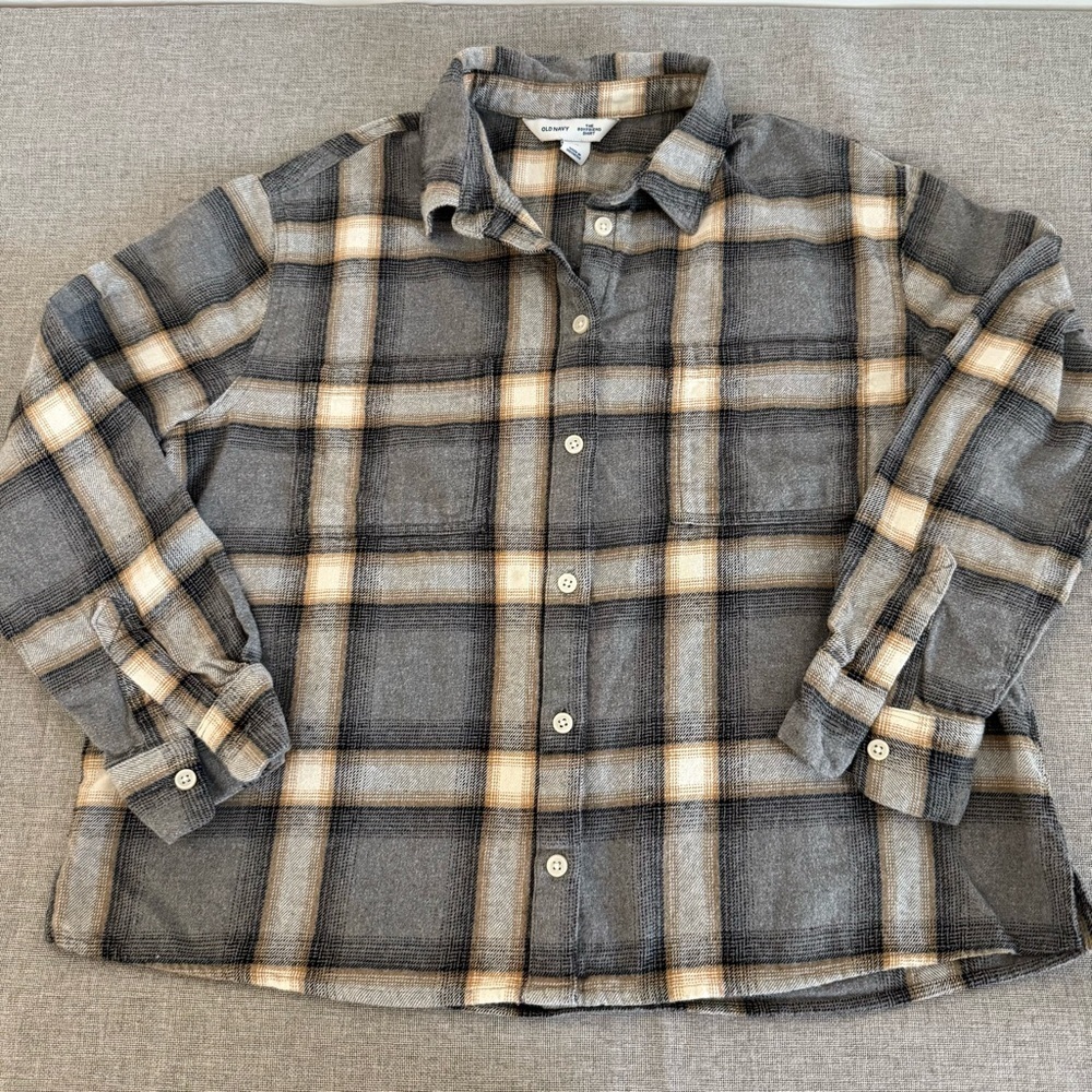 Old Navy Gray and Cream Button Down Shirt with Plaid Pattern